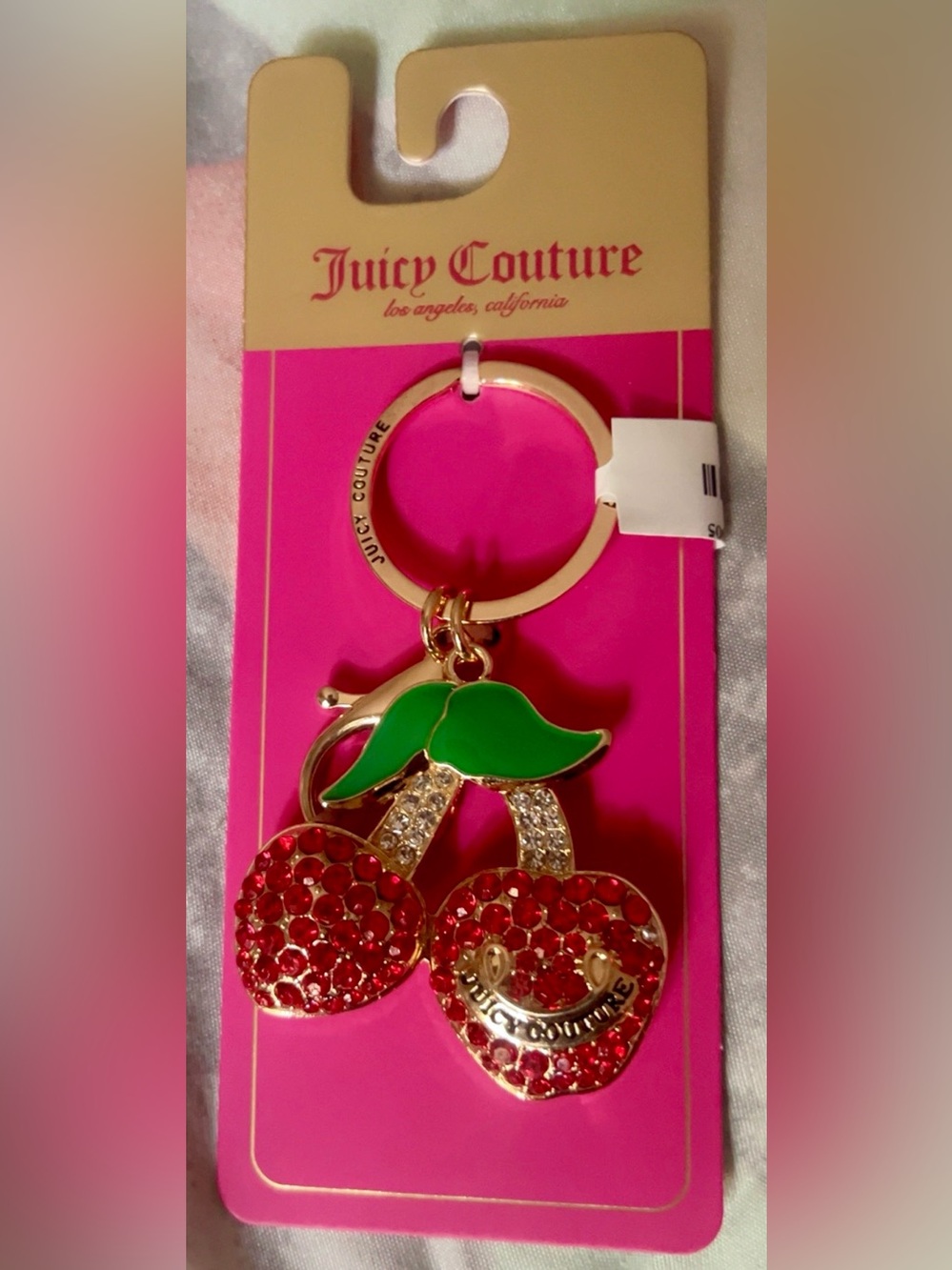 Juicy Couture Red Crystal Cherry Keyring with Green Enamel Leaves